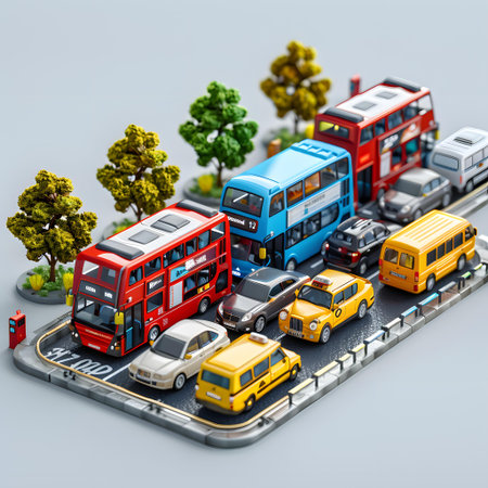 3d illustration of city map with buses, cars and trees.