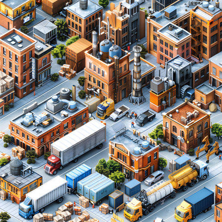Aerial view of the city with industrial buildings and warehouse. 3d renderingの写真素材