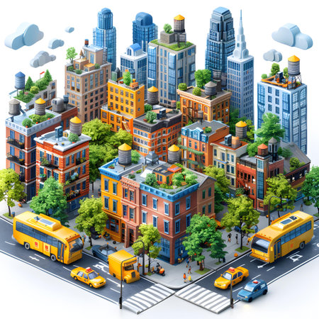 City isometric view with buildings, road and cars. 3d renderingの写真素材