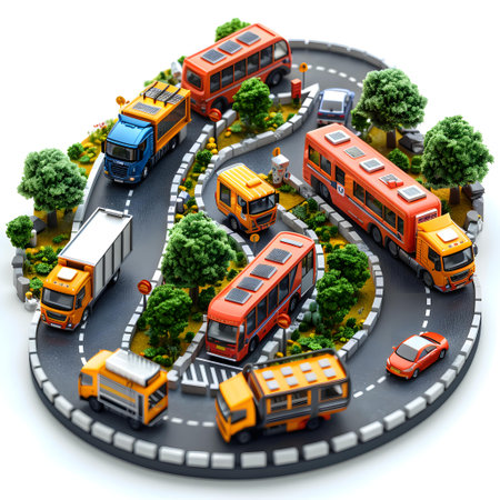 School bus on the road. 3D illustration. Isolated white background.の写真素材