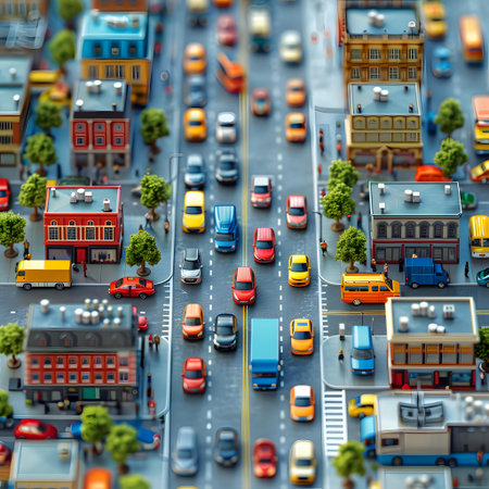 Miniature city. Top view of the city with cars on the road.の写真素材