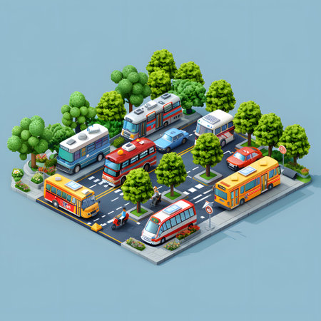 Public transport isometric concept with cars and buses on road 3d illustrationの写真素材