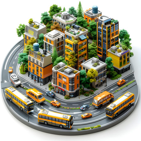 Isometric city with roads, buildings and bus. 3d renderの写真素材