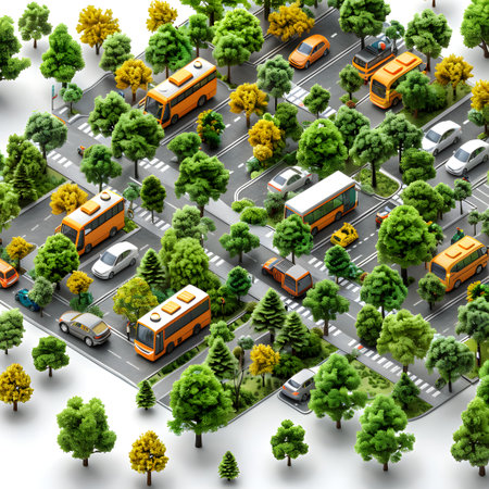 3D illustration of a city street with buses, cars and treesの写真素材