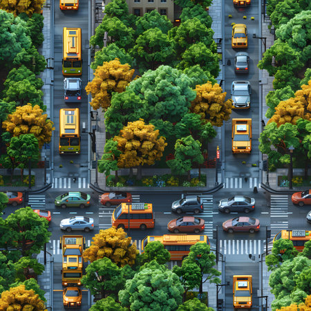 Highly rendering of city traffic with cars on the road and treesの写真素材