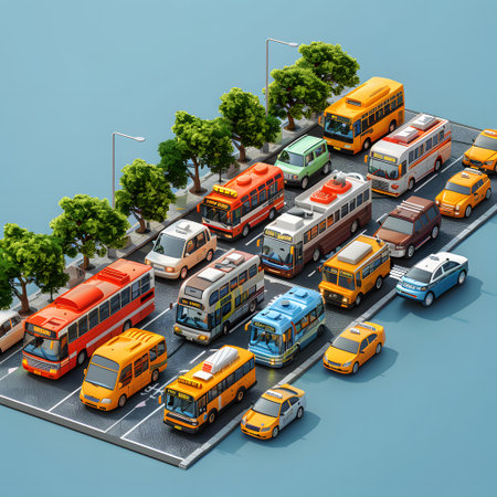 Isometric bus station with cars and buses on road 3d illustrationの写真素材