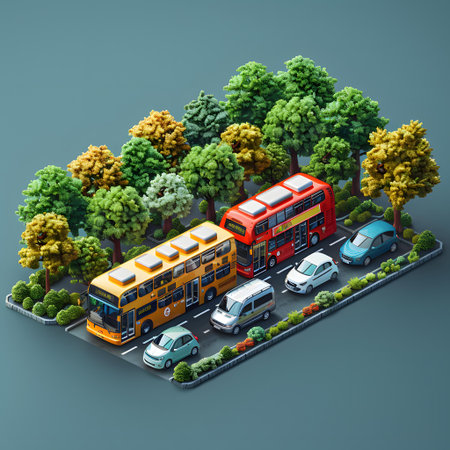 City transport isometric concept with bus, cars, trees and road on blue backgroundの写真素材
