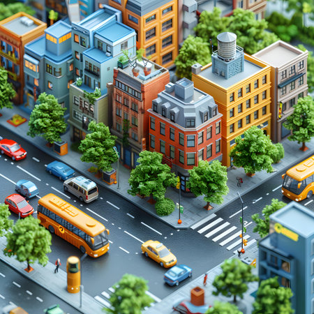 Cityscape with roads, buildings and cars. 3d illustration.の写真素材