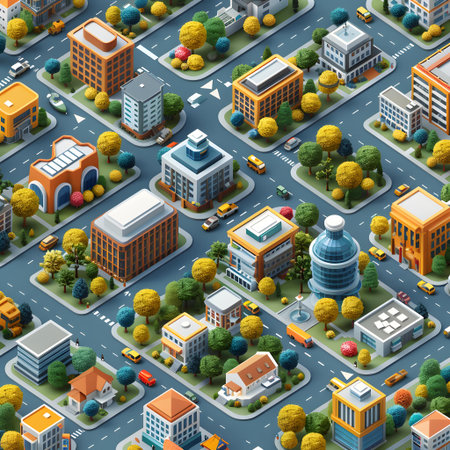 Isometric city with buildings, roads and trees. Vector illustration.の写真素材
