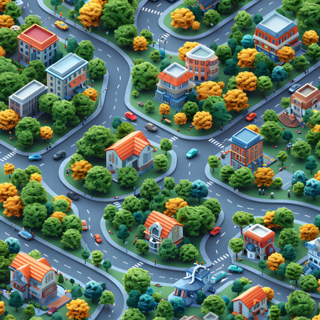 3d isometric city background. Urban landscape with buildings and roads.