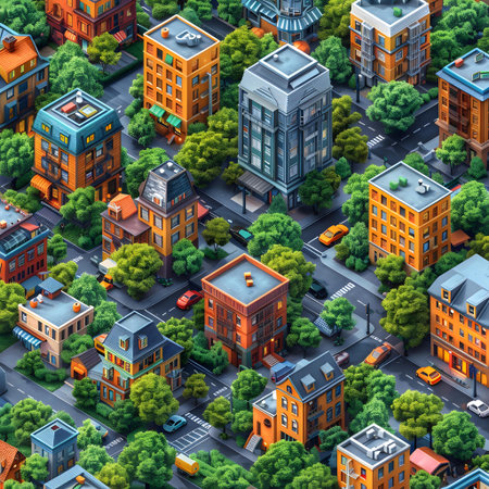 Cityscape with houses and trees. 3d isometric illustration.の写真素材