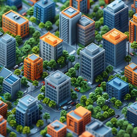 3d isometric city background with skyscrapers, houses and trees