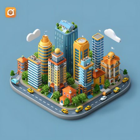Isometric city concept with buildings and skyscrapers 3d vector illustration