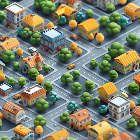 Isometric city background with houses and trees. 3d illustration.の写真素材