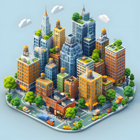 Modern city isometric view with skyscrapers and buildings, 3d illustration
