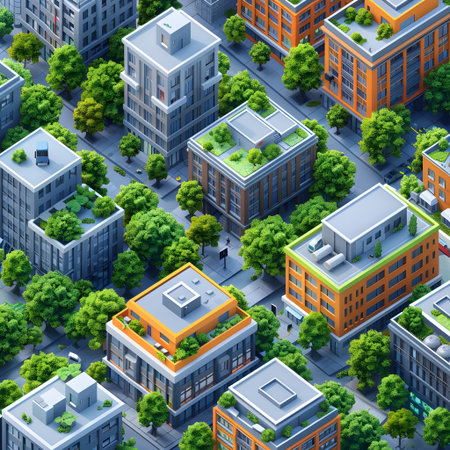 3d isometric cityscape with buildings, streets and trees.の写真素材