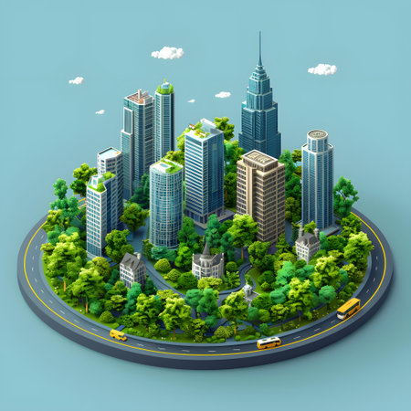 City isometric view with green trees, skyscrapers and road. 3d renderingの写真素材