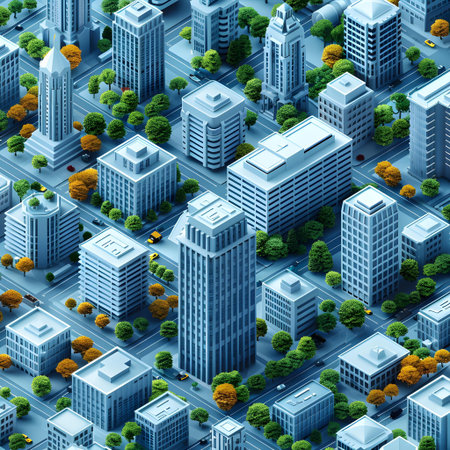 3d isometric city landscape with skyscrapers and trees.