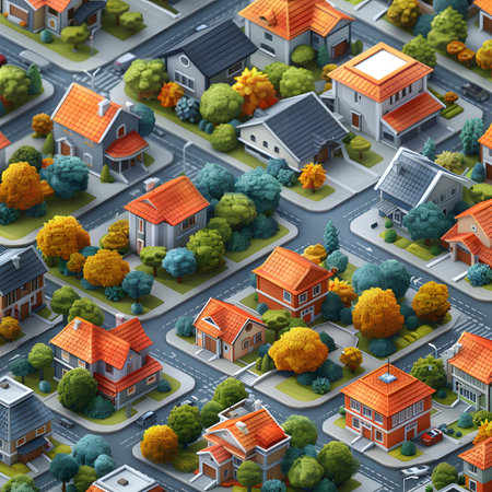 3d isometric city landscape with houses, roads and trees.の写真素材