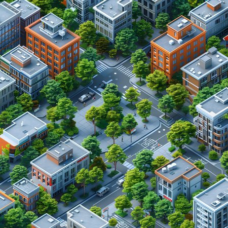 City buildings with trees and bushes 3d isometric background. Vector illustrationの写真素材