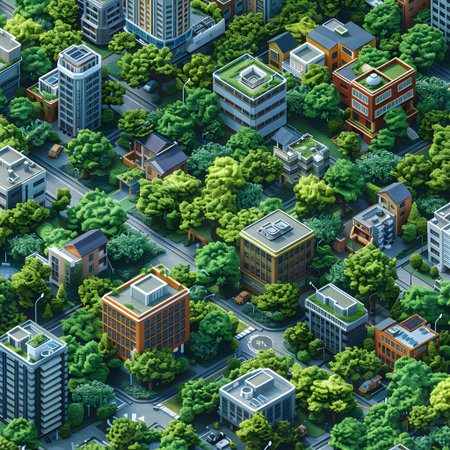 3d isometric city with skyscrapers and green trees.