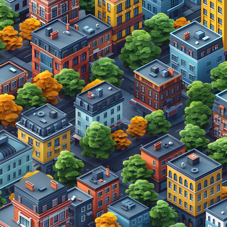 Seamless pattern of houses and trees in the city. Vector illustration.の写真素材