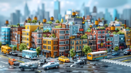 Cityscape with modern architecture and busy streets. 3D illustration.の写真素材