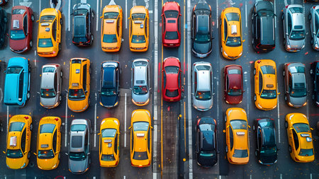 Aerial view of cars in a traffic jam on the road.の写真素材