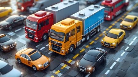 Cars and trucks on the road. 3d illustration. 3d rendering.の写真素材