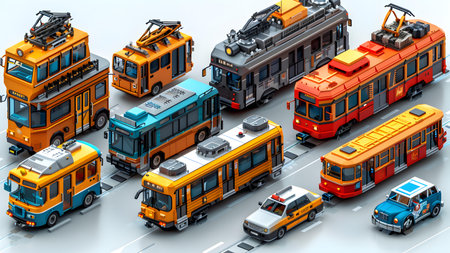 3d isometric urban transport. Set of high-speed trains and buses on the road.の写真素材