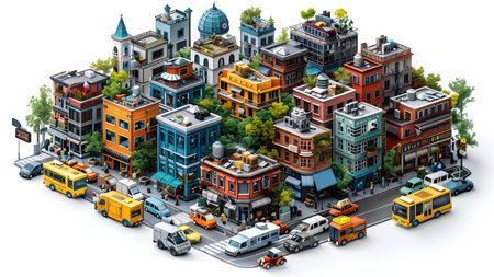 3D isometric city with buildings, roads and people. Vector illustration.の写真素材