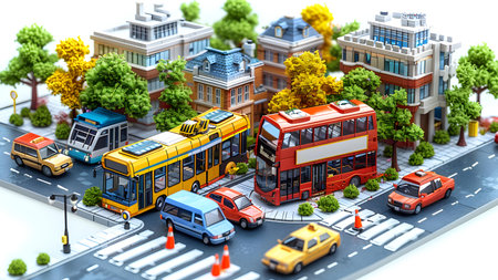 Miniature city with bus on the road. 3D illustration.の写真素材