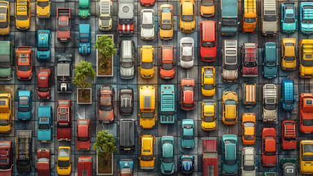 Aerial view of a parking lot with cars in the city.