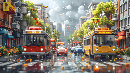 City street with red and yellow double-decker trams. 3d renderingの写真素材