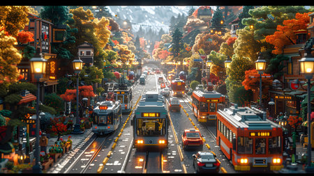 Miniature model of the city and train. 3d rendering.