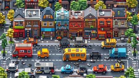 3d illustration of a city street with cars, trucks and housesの写真素材