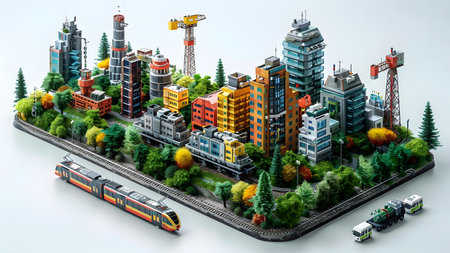 Miniature city with train and train on white background. 3d renderingの写真素材