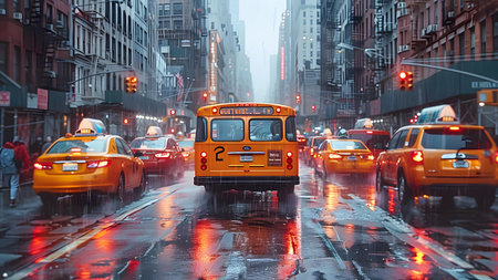 Yellow school bus in the rain in New York City, USA.