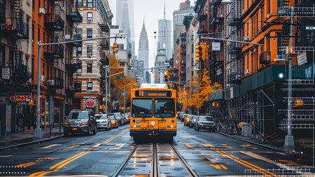 Yellow bus on the street in Manhattan.