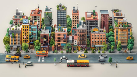 Cityscape with buildings, roads and cars. 3d illustration.の写真素材