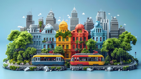 Modern city with train. 3D illustration in blue and yellow colors