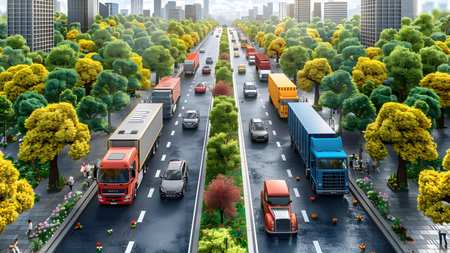 3d rendering of a highway in the city with cars and trucksの写真素材
