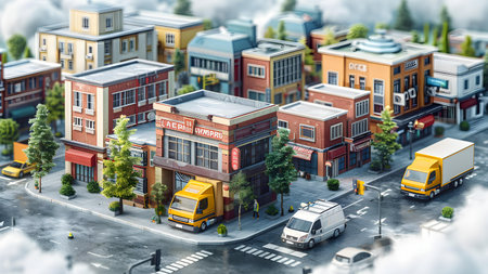 3d illustration of a small town with a lot of buildings and carsの写真素材