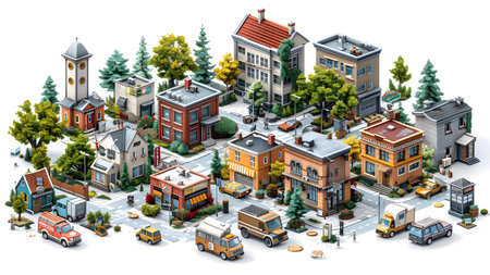 Isometric town with cars, houses, roads and buildings. 3d renderingの写真素材