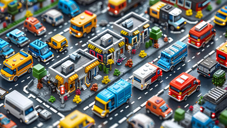 Miniature city with trucks and cars. 3d render illustration.の写真素材