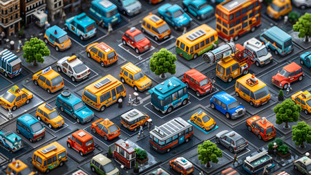 Aerial view of a big city with lots of cars and trucksの写真素材