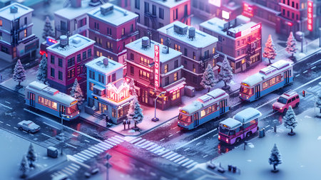 Miniature city with train and christmas trees. 3d illustrationの写真素材