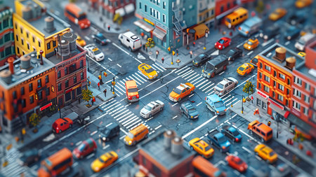 3d illustration of isometric city with cars, roads and peopleの写真素材