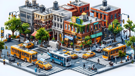 3D isometric illustration of the streets of the city with people and carsの写真素材