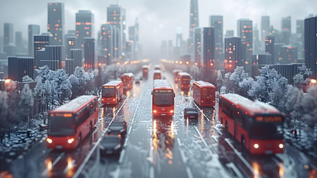 City road with cars and trucks. 3d rendering toned imageの写真素材